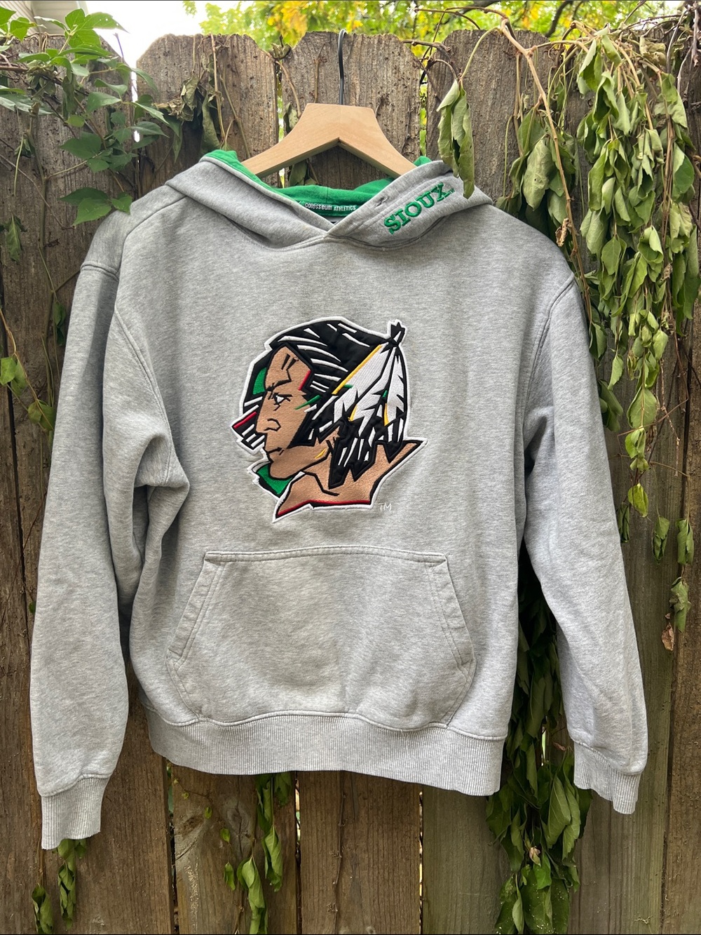 💚UND Fighting Sioux Gray Pullover Hoodie with Green Lining Graphic Logo Small